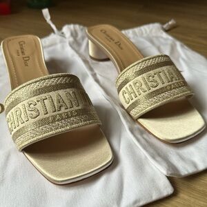 Dior Dway Heeled Slide Gold-Toned Metallic Thread Embroidered Satin Size:38